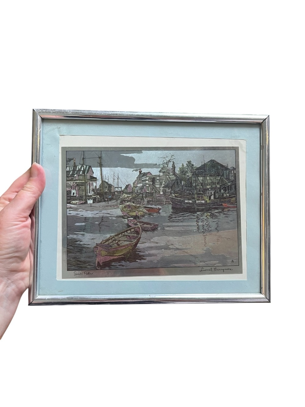 vintage Lionel Barrymore colored foil etching titled "San Pedro"